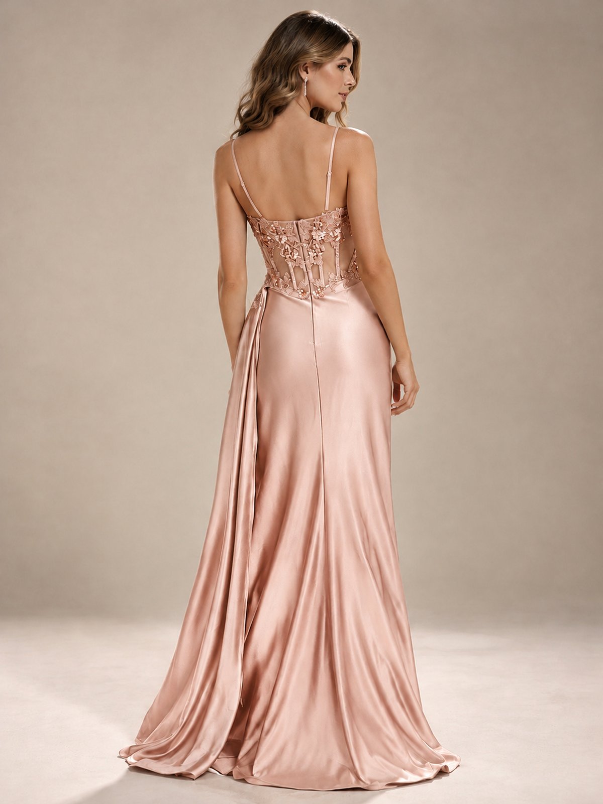 Mermaid Satin Prom Dress with Floral Appliqué Corset and High Slit