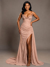 Rose Gold Strapless Sequin Corset Mermaid Prom Dress with High Slit & Train Sparkly Evening Formal Gown