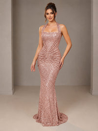Rose Gold Halter Sequin Mermiad Ruched Prom Dress Long Ruched Eveing Gown
