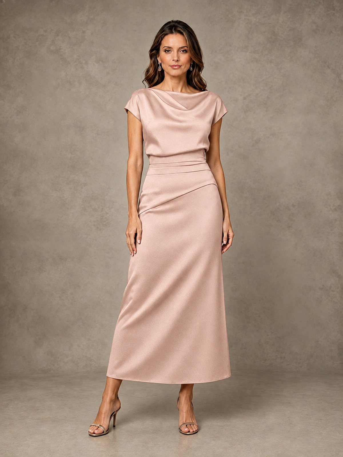 Cowl Neck Satin Mother of the Bride Dress with Ruched Waist