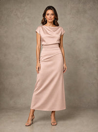Cowl Neck Satin Mother of the Bride Dress with Ruched Waist