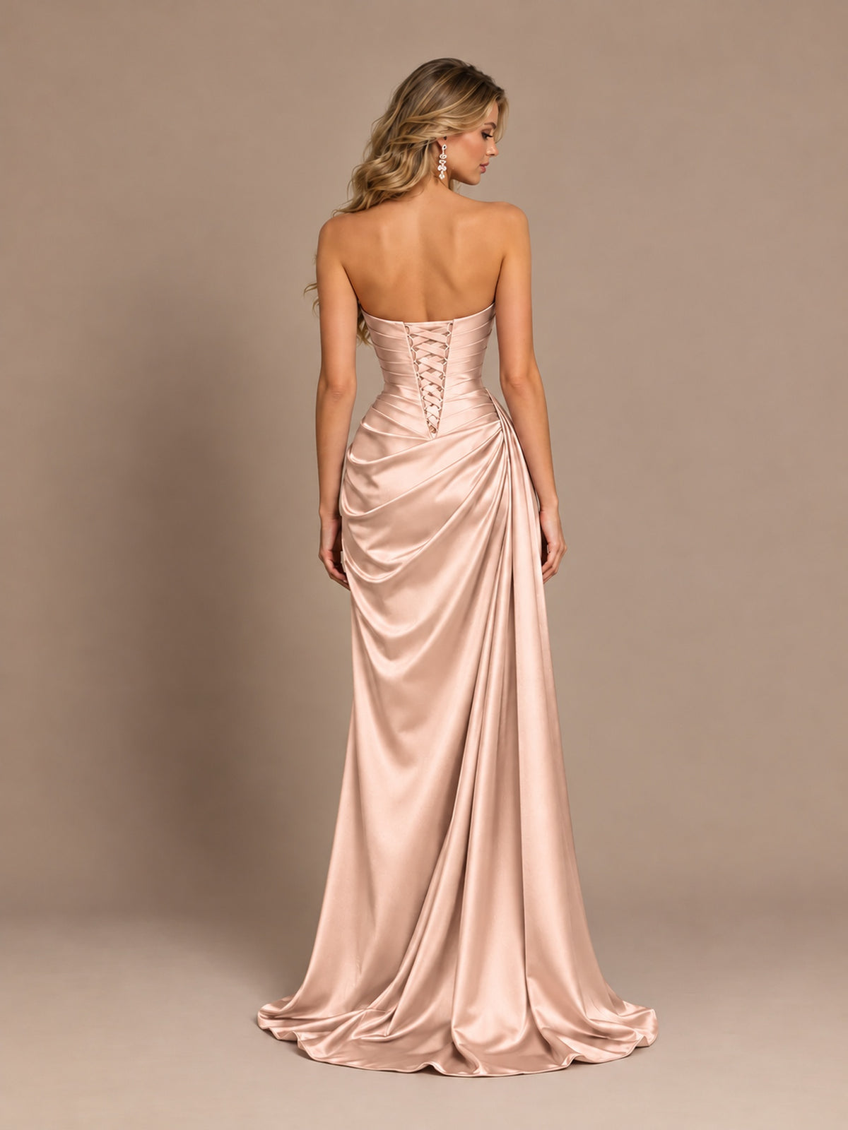 Dusty Blue Strapless Satin Prom Dress with Ruched Bodice and Slit