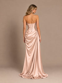 Dusty Blue Strapless Satin Prom Dress with Ruched Bodice and Slit