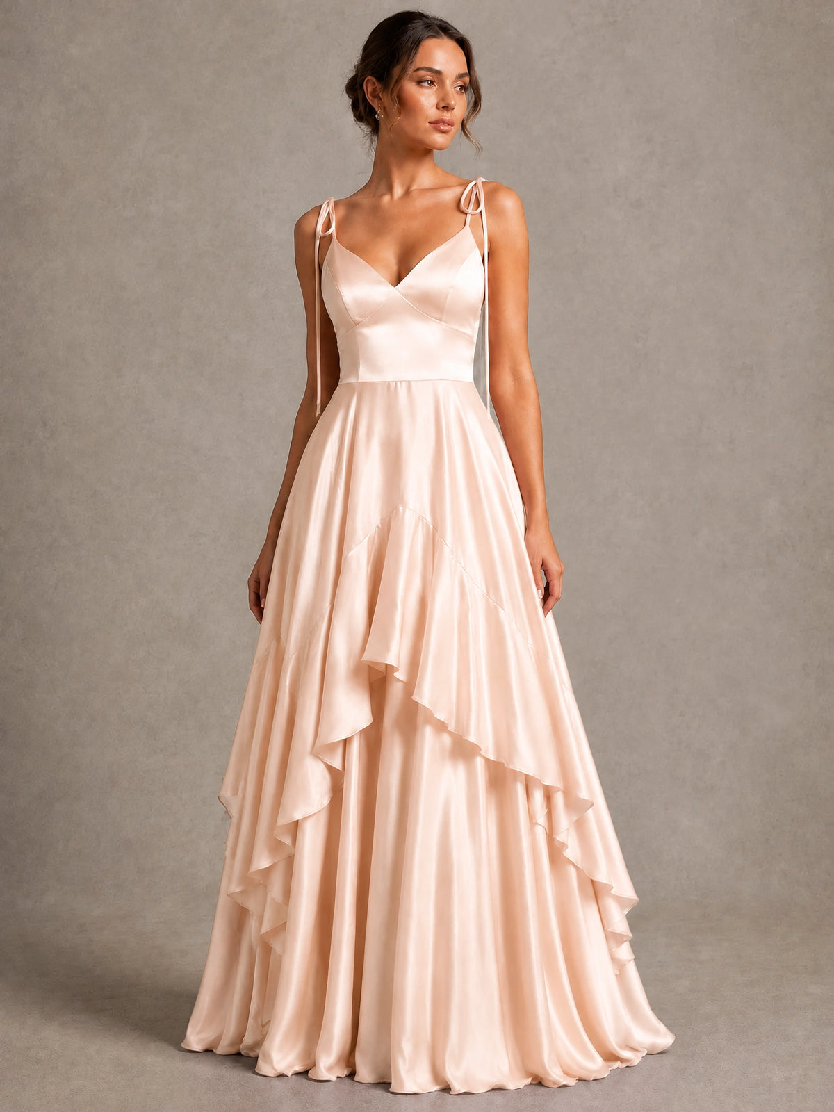 Lavender Satin V-Neck Ruffle Maxi Dress