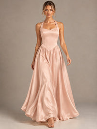 Light Yellow Halter Neck Satin A-Line Maxi Dress with Pockets
