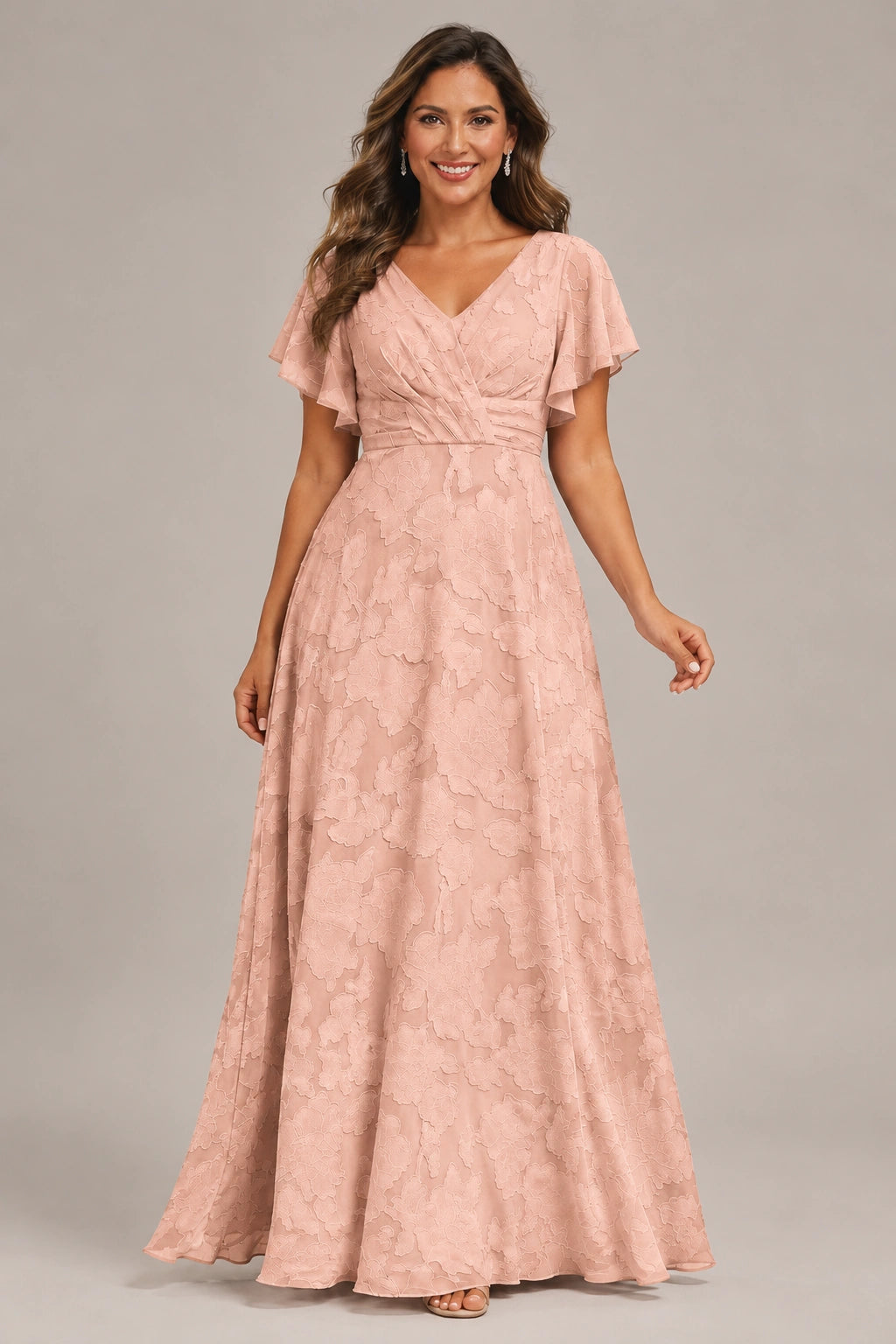 Jovellee Floral Chiffon A-Line Mother of the Bride Dress with Flutter Sleeves