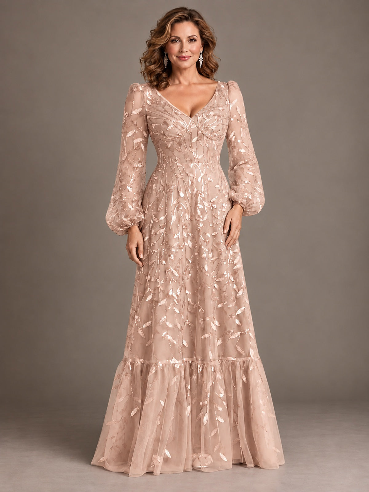 Floral Sequin Embroidered A-Line Mother of the Bride Dress with Long Sleeves