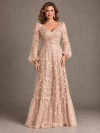 Floral Sequin Embroidered A-Line Mother of the Bride Dress with Long Sleeves