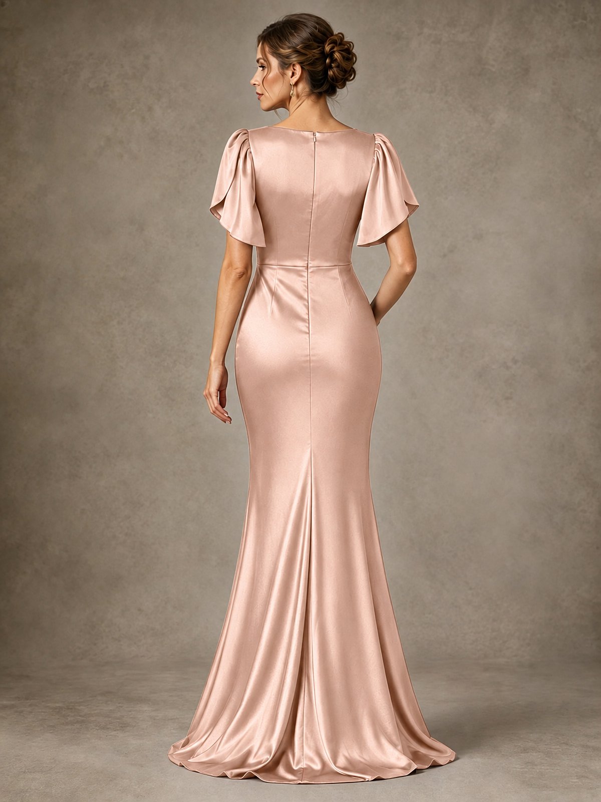 V-Neck Satin Mother of the Bride Dress with Flutter Sleeves