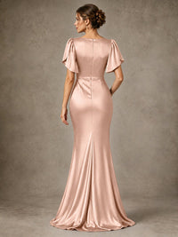 V-Neck Satin Mother of the Bride Dress with Flutter Sleeves