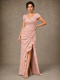 V-Neck Floral Jacquard Mother of the Bride Dress with Slit
