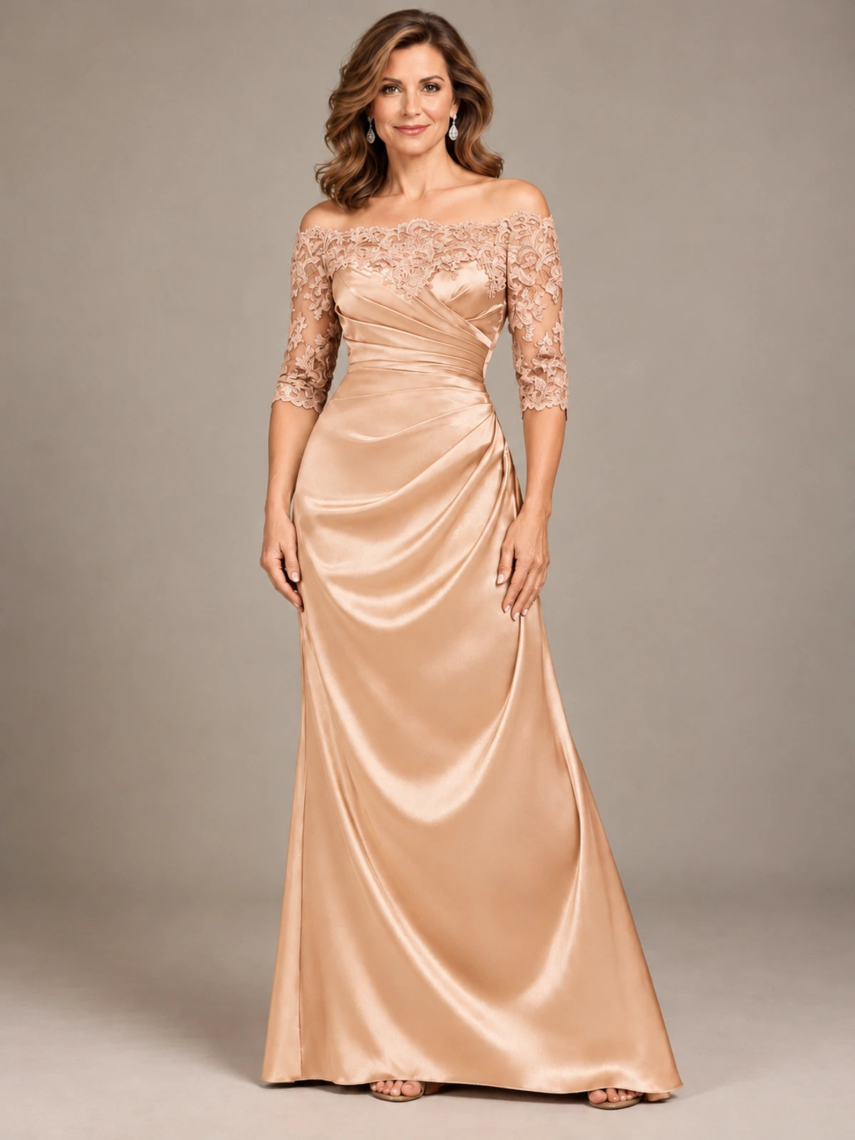 Satin Mother of the Bride Dress with Lace Sleeves Off Shoulder Formal Gown