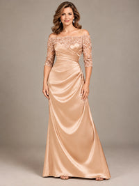 Satin Mother of the Bride Dress with Lace Sleeves Off Shoulder Formal Gown