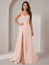 Sparkly Cowl Neck Corset Long Prom Dress with Slit A-line Tulle Ball Gown