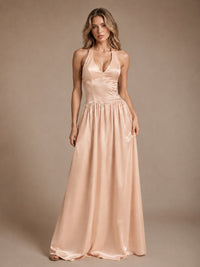 Pink V Neck Halter Satin Maxi Dress