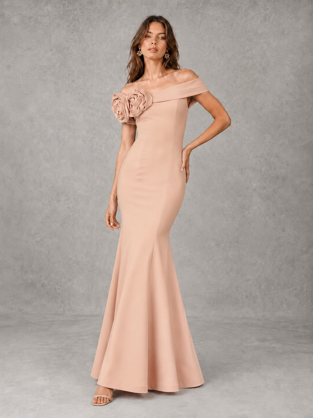 Blush Pink Off Shoulder Mermaid Bridesmaid Dress with Floral Rosette