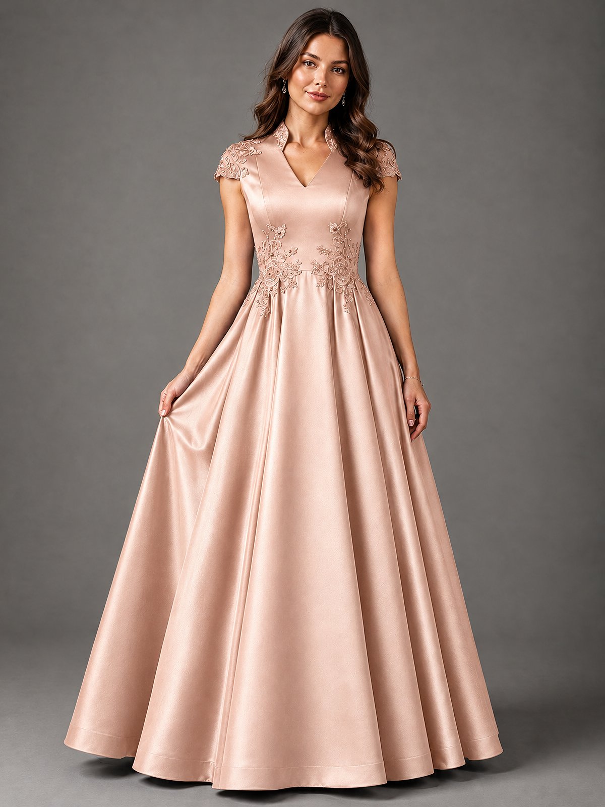 Lace Appliqué A-Line Satin Maxi Dress