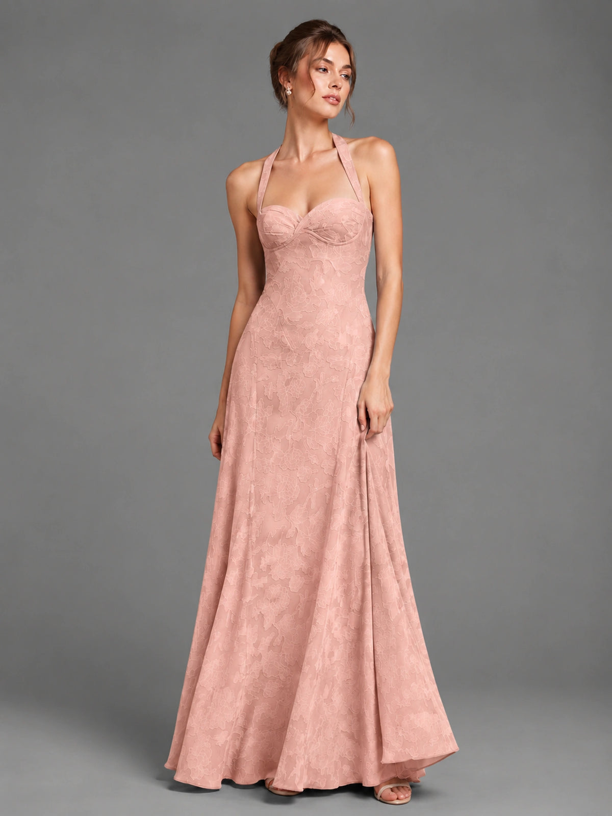 A-Line Halter Floral Chiffon Maxi Dress