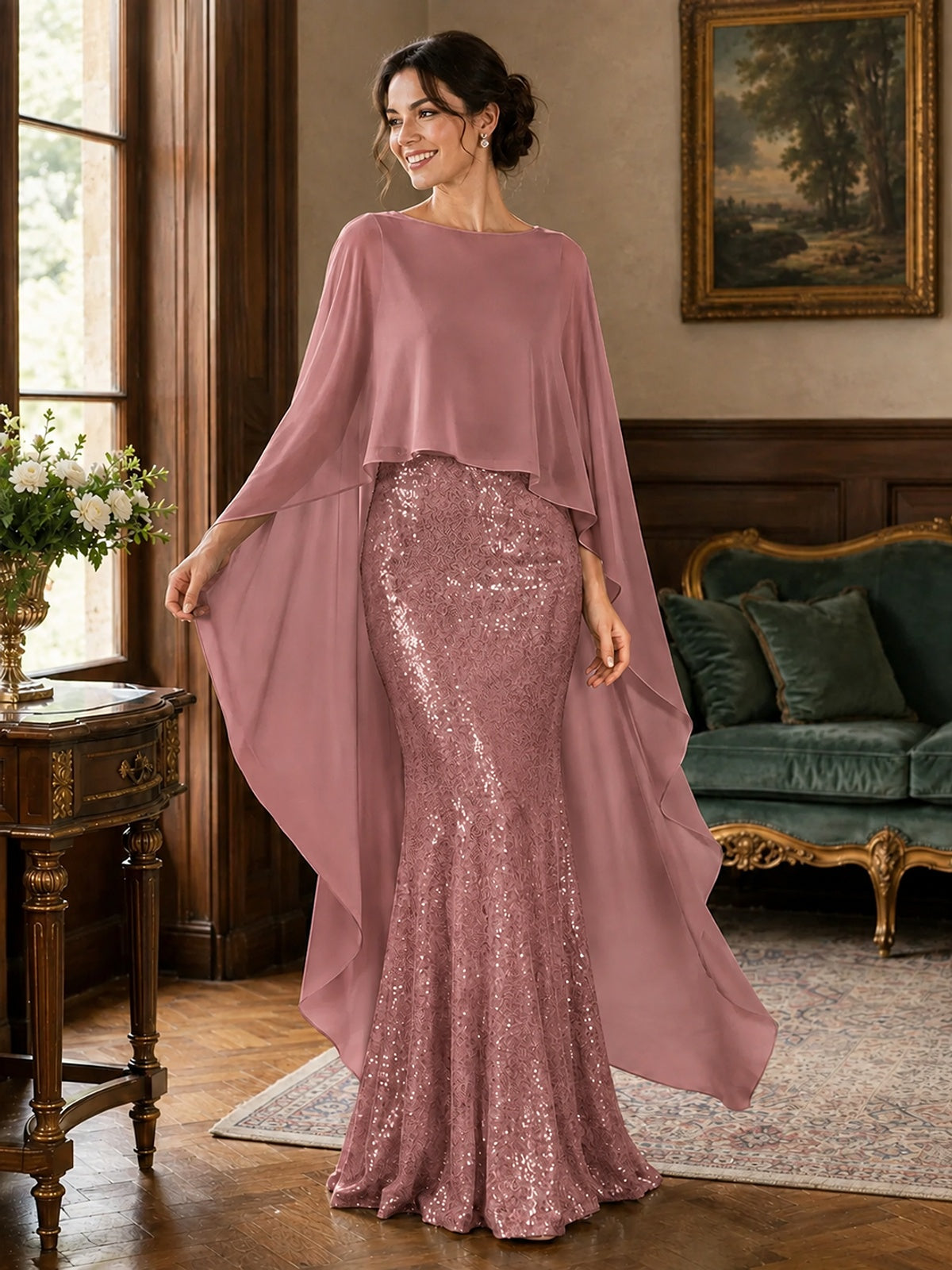 Sequin 2 Pieces Mother of the Bride Dress with Cap Sleeves Chiffon Formal Gowns