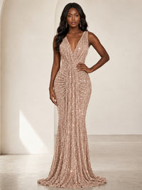 Sequin Mermaid Prom Dress with V-Neck and Ruched Waist
