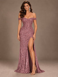 Off the Shoulder Corset Sequin Mermaid Prom Dress with Slit