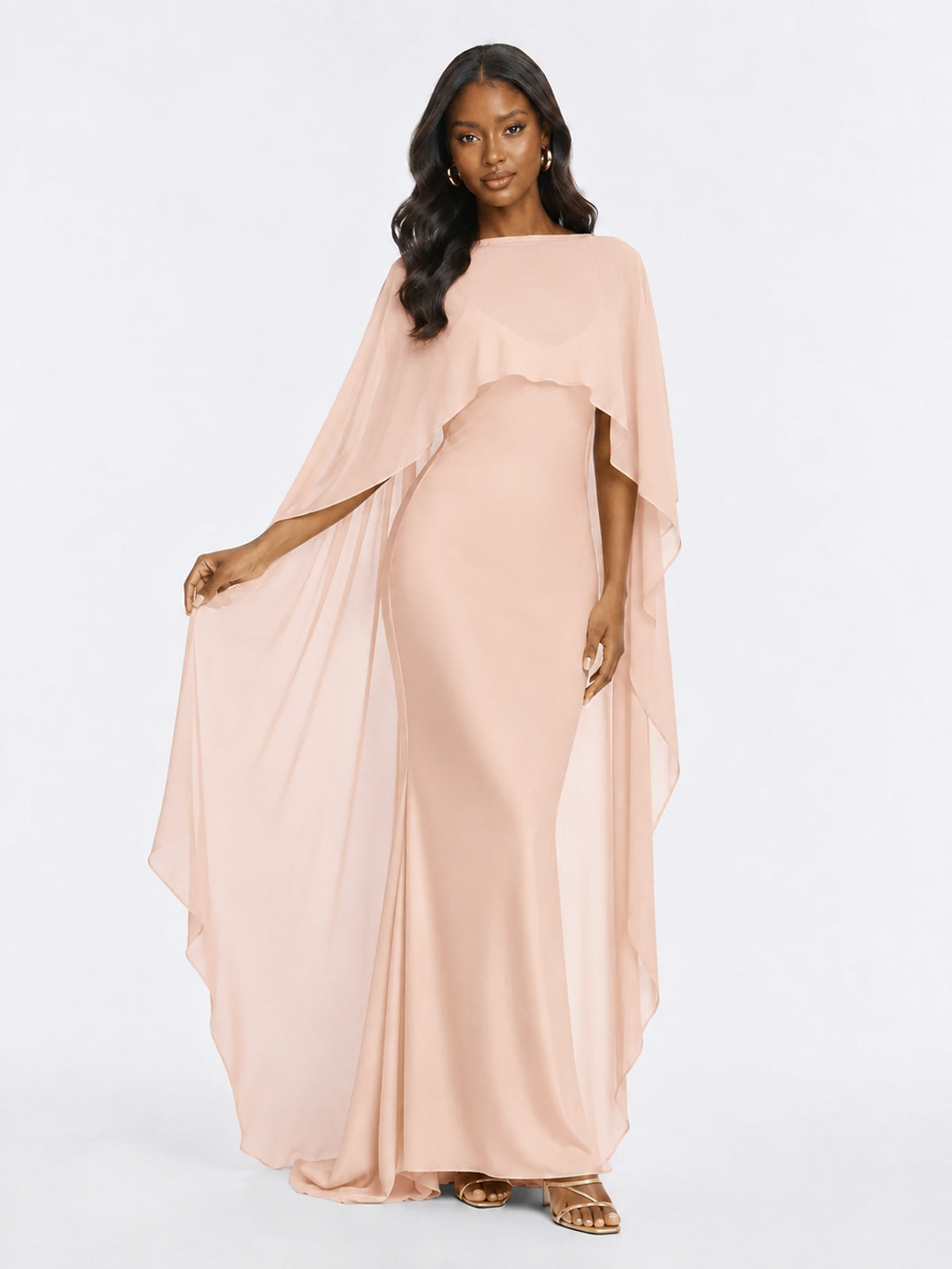 Satin Cape Prom Dresses Meramid Maxi Dress
