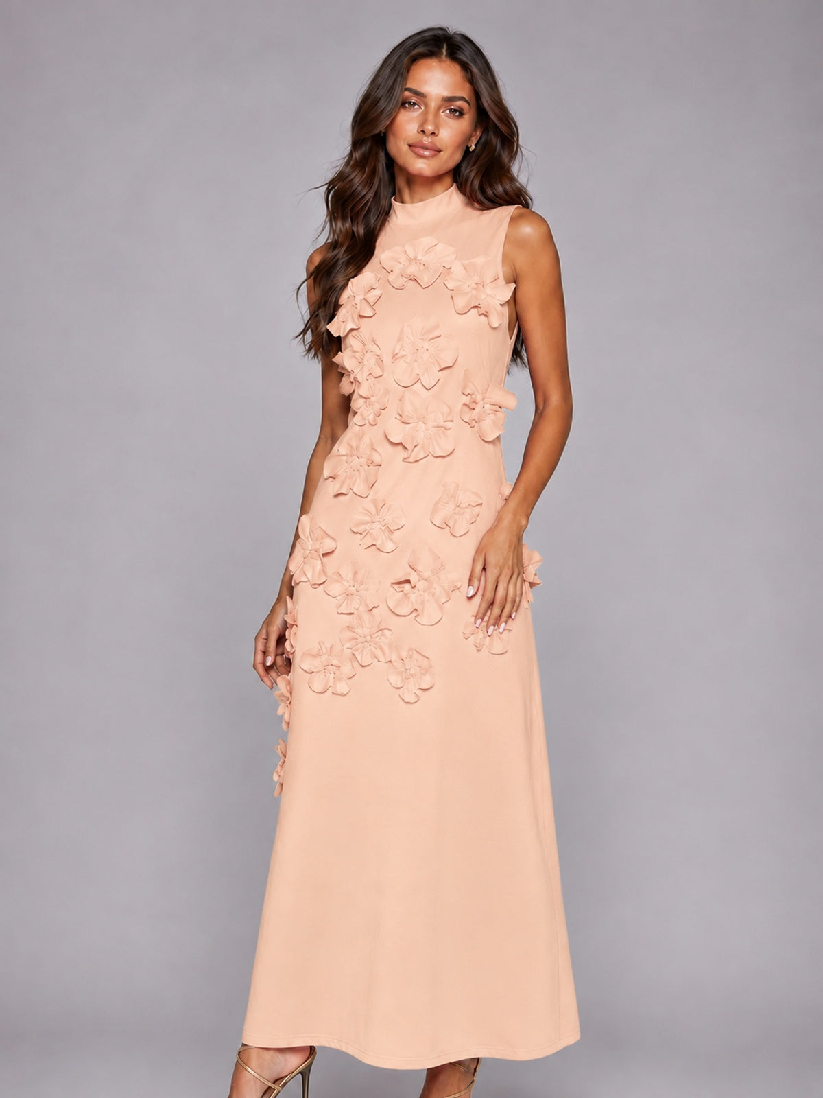 3D Floral Applique High Neck Prom Maxi Dress