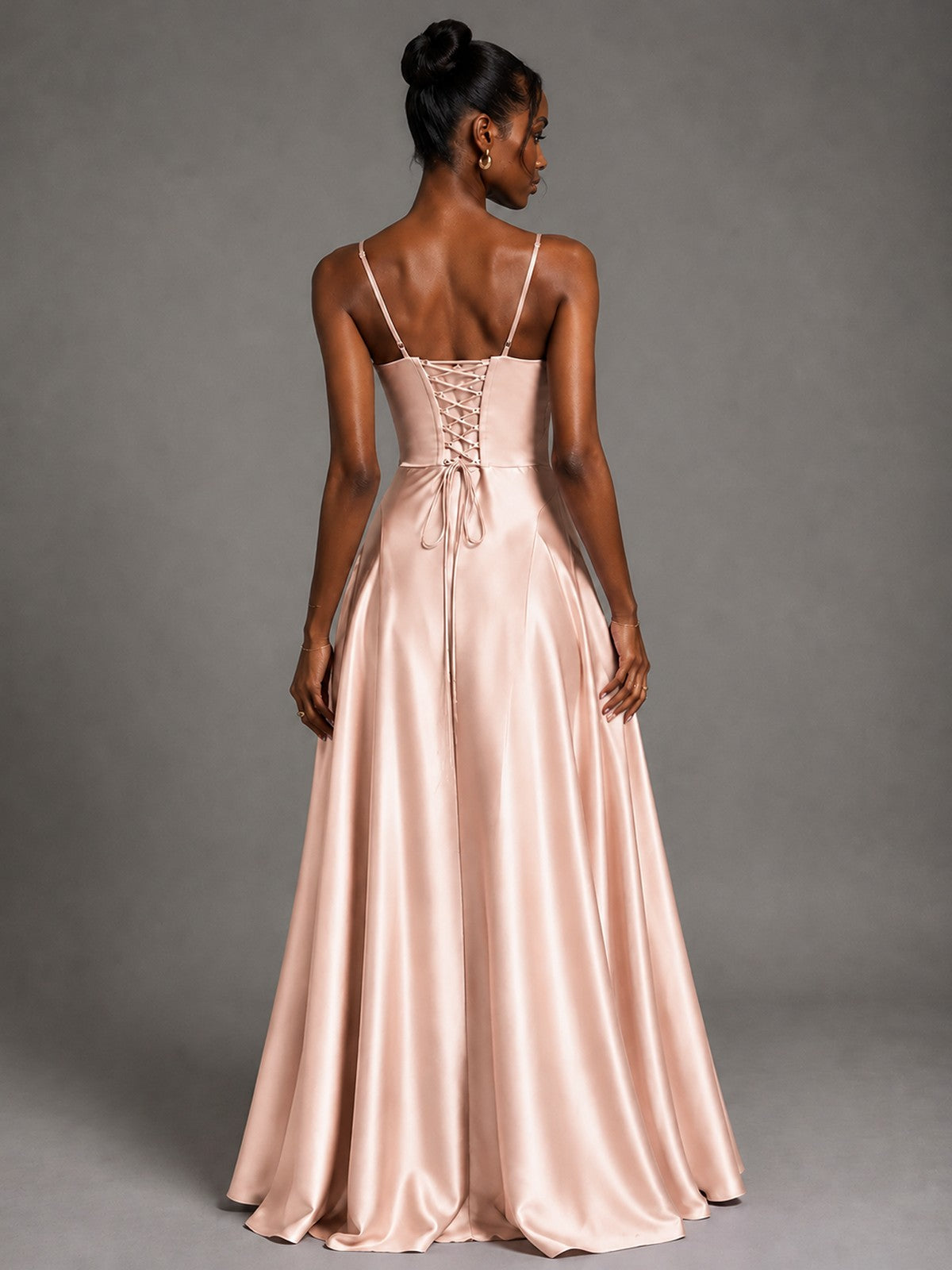 Lavender V Neck Satin Prom Dress with Spaghetti Straps