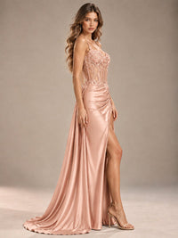 Mermaid Satin Prom Dress with Floral Appliqué Corset and High Slit