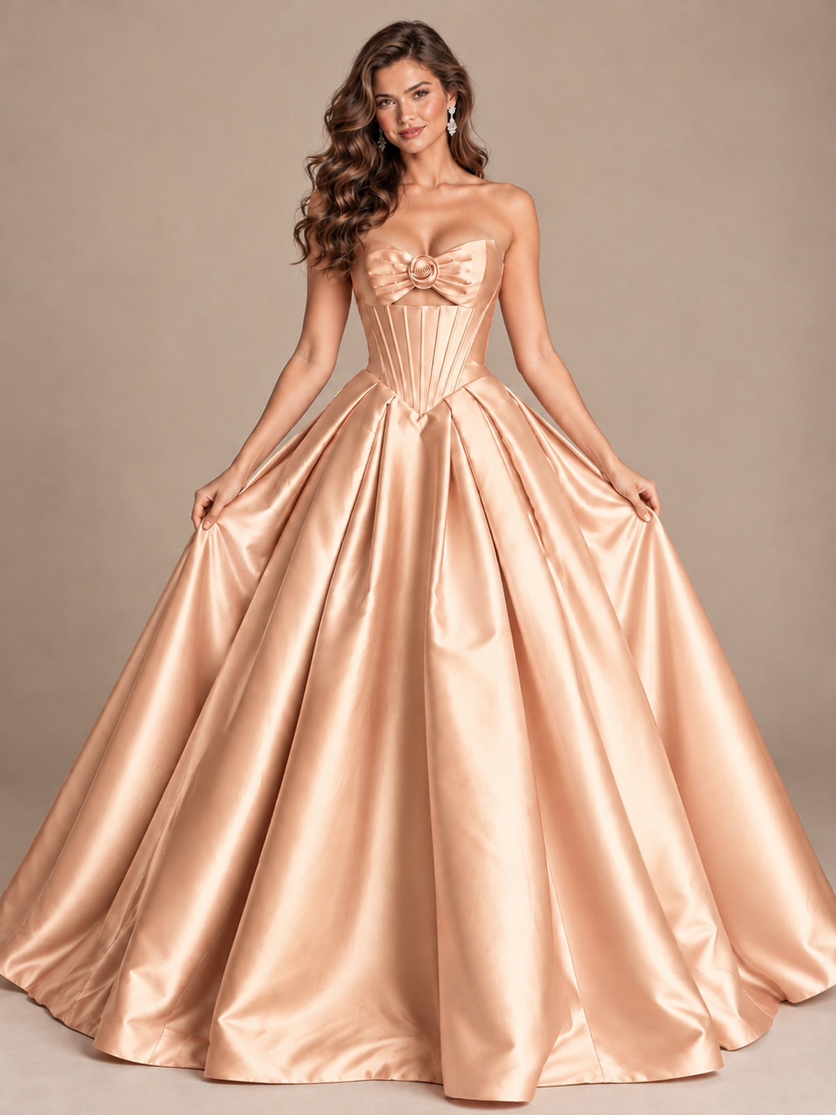 Pink Strapless Corset Satin Prom Derss & Ball Gown with 3D Floral