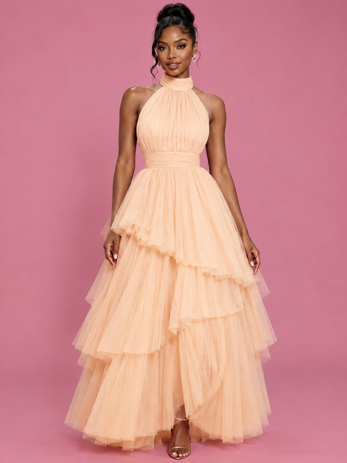 Hot Pink Tulle Halter Neck Tiered Ruffle Maxi Dress
