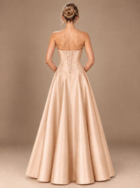 Blush Pink Strapless Satin A-Line Prom Dress with Ruched Bodice