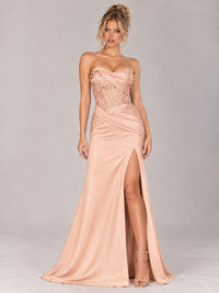 Strapless Satin Prom Dress with Sheer Lace Corset & High Slit