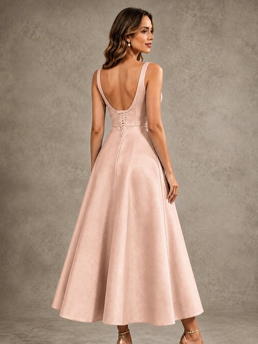 Tea-Length Satin Mother of the Bride Dress with 3D Flower Detail