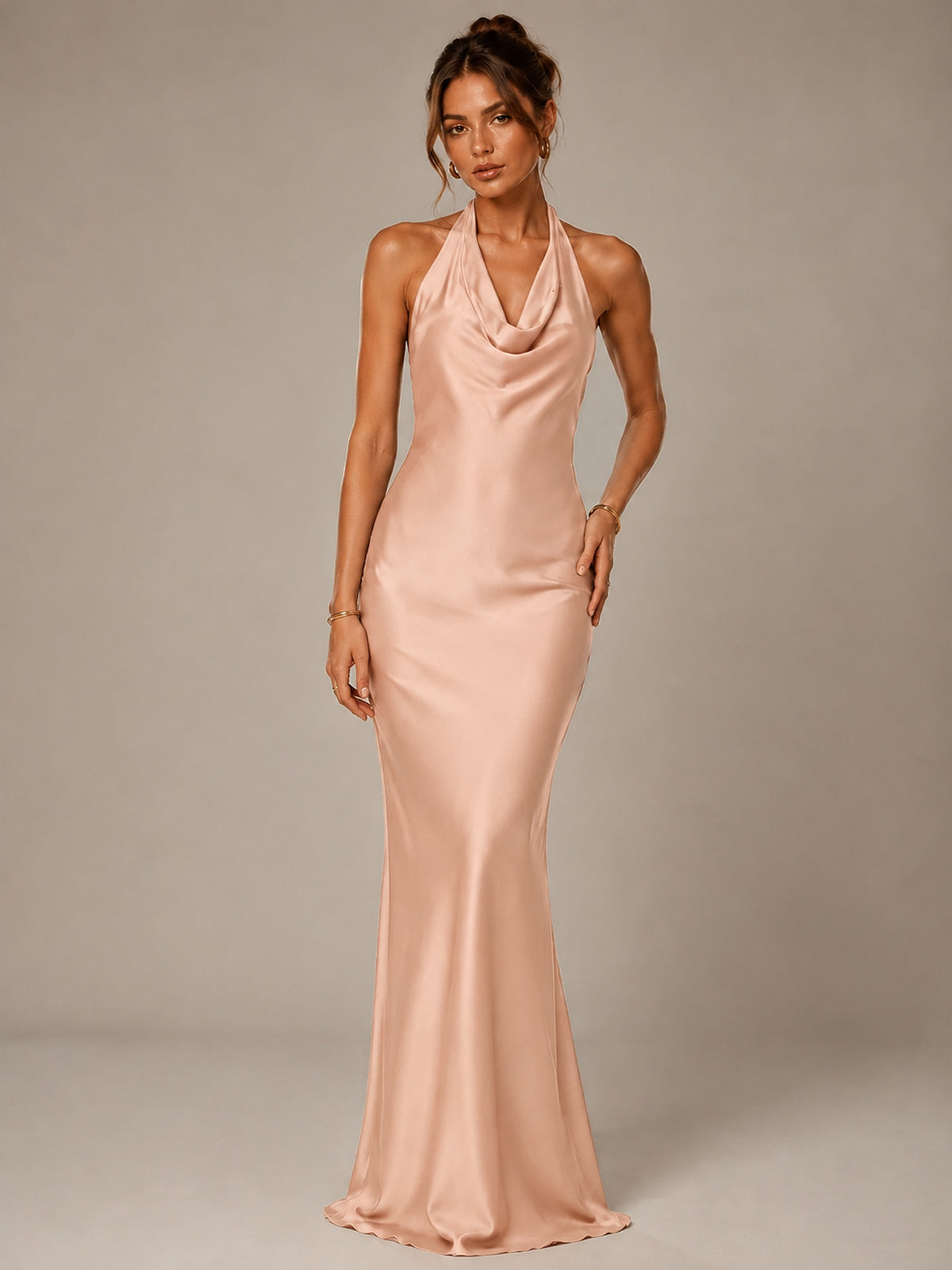 Olive Green Halter Satin Mermaid Maxi Dress