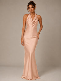 Olive Green Halter Satin Mermaid Maxi Dress