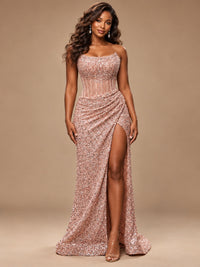 Gold Sequin Strapless Corset Prom Dress with High Slit