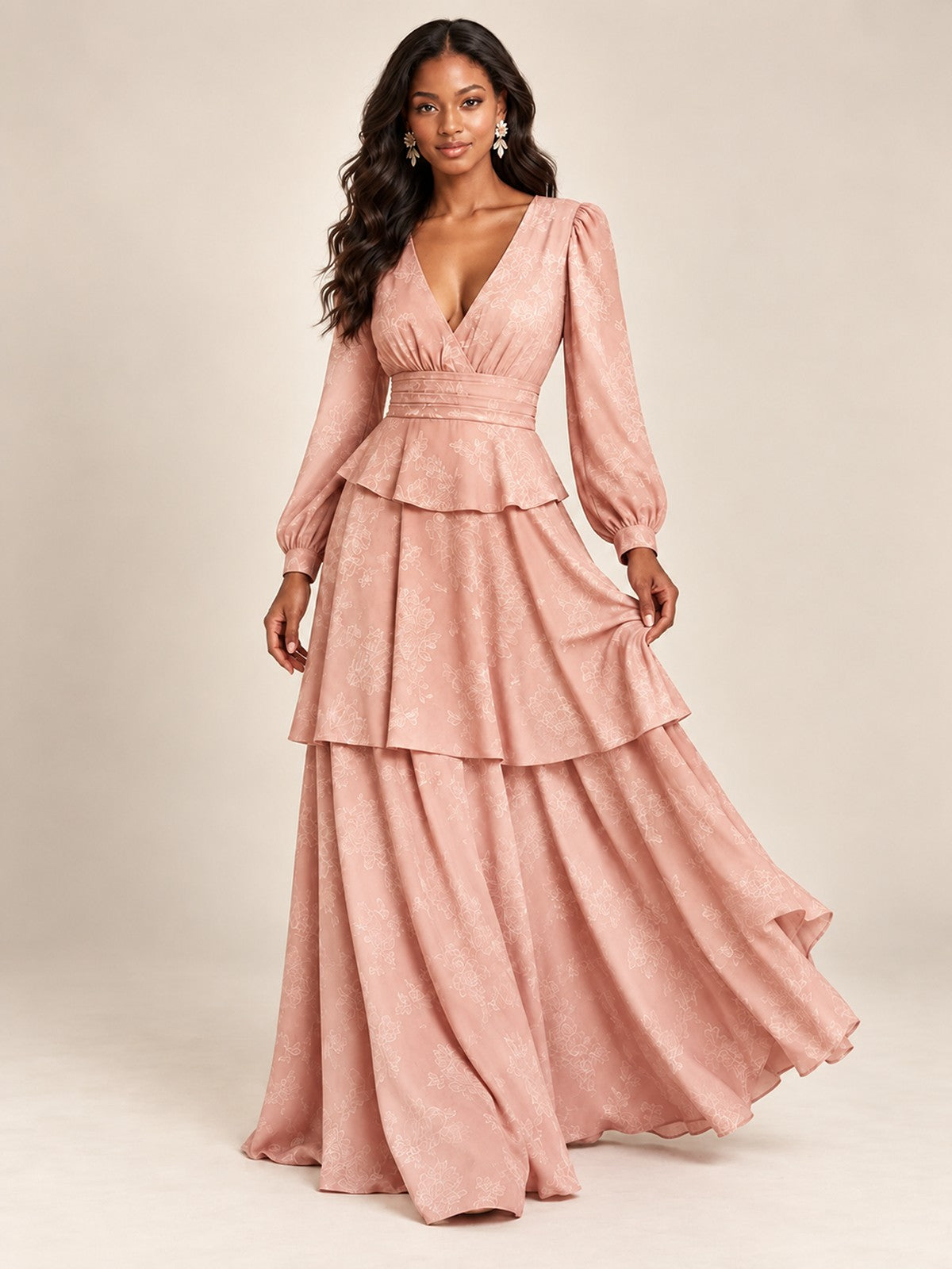 Blush Pink Floral Long Sleeve Maxi Dress