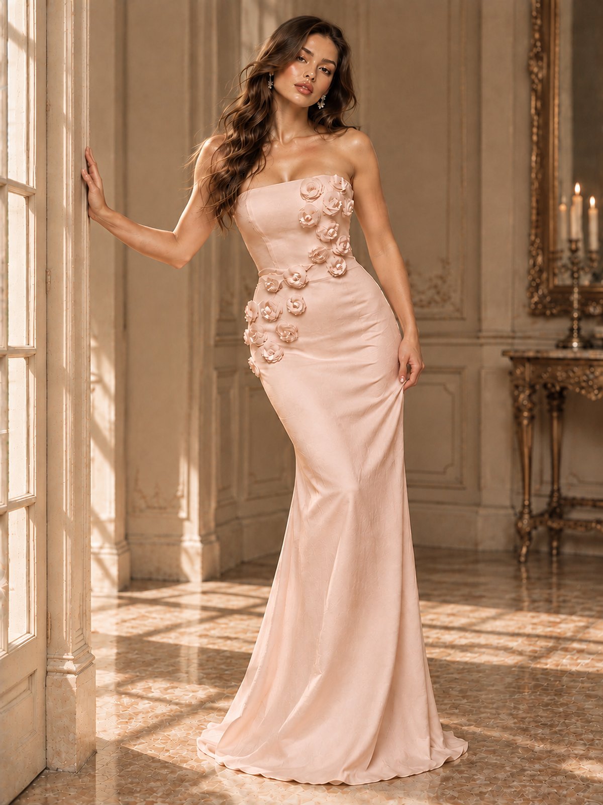 White Strapless Mermaid Maxi Dress with 3D Floral Appliques