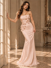 White Strapless Mermaid Maxi Dress with 3D Floral Appliques