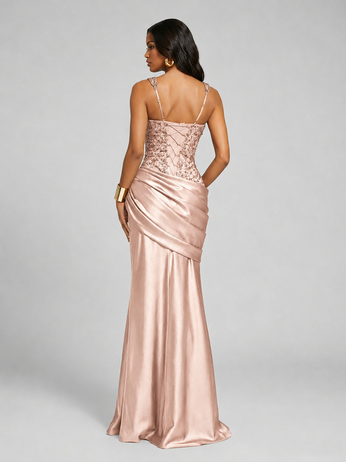 Scoop Neck Sequin Prom Dress with High Slit Satin Formal Gowns