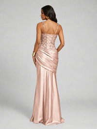 Scoop Neck Sequin Prom Dress with High Slit Satin Formal Gowns