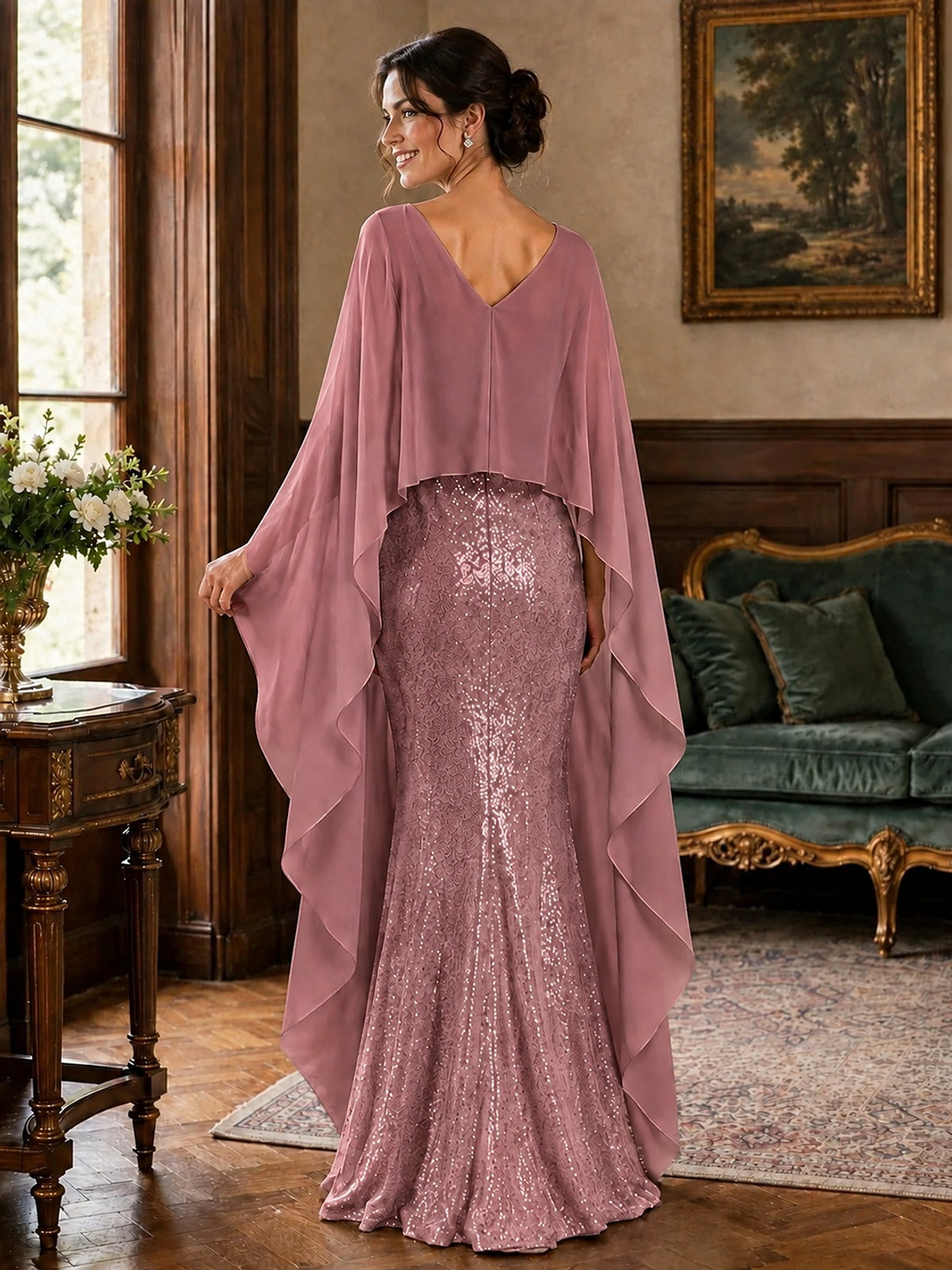 Sequin 2 Pieces Mother of the Bride Dress with Cap Sleeves Chiffon Formal Gowns