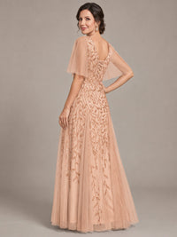 V-Neck Sequin Tulle Mother of the Bride Dress with Flutter Sleeve