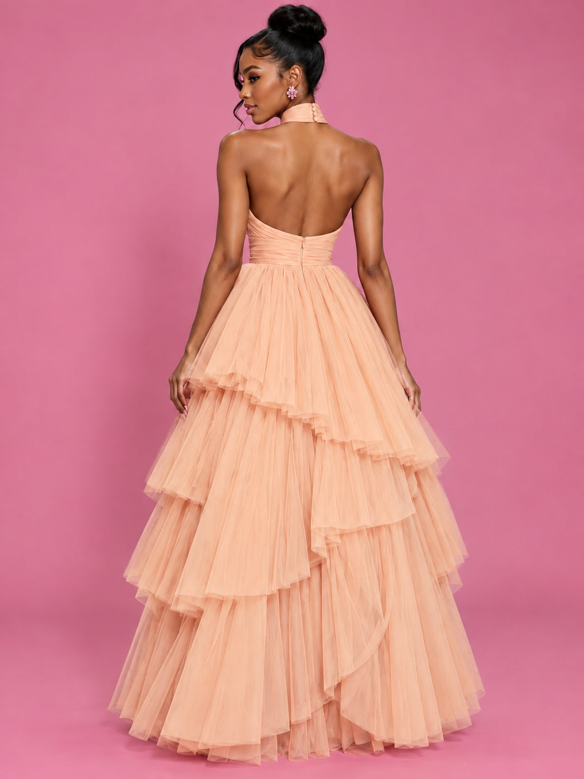 Hot Pink Tulle Halter Neck Tiered Ruffle Maxi Dress