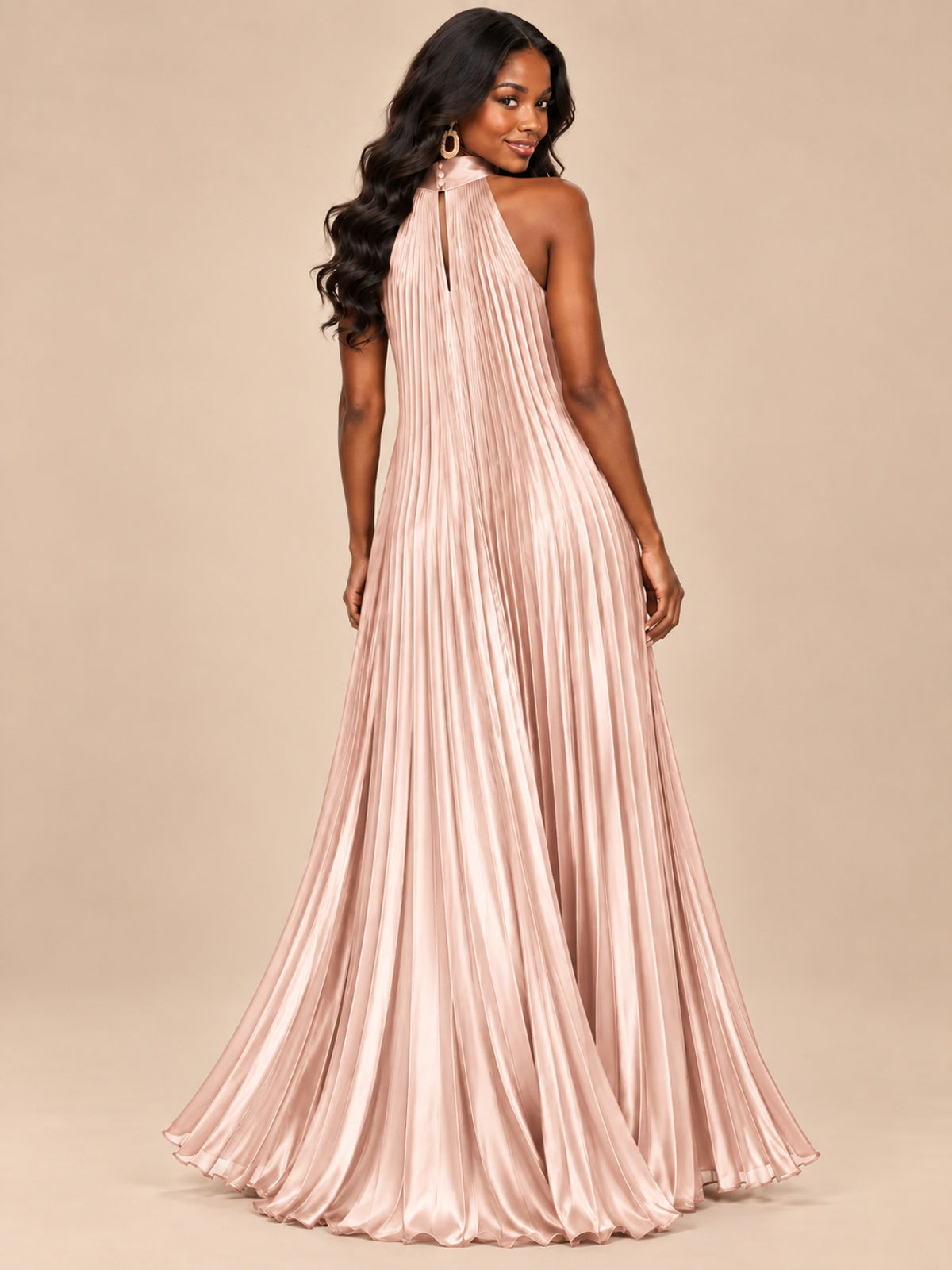 Rust Orange Pleated Halter Neck Maxi Dress