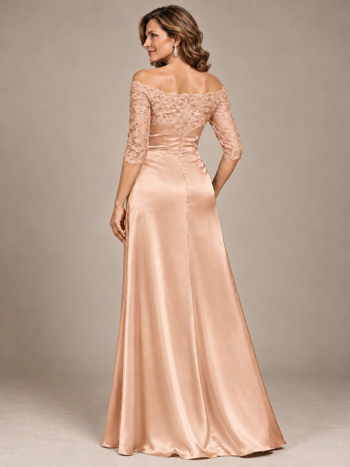 Satin Mother of the Bride Dress with Lace Sleeves Off Shoulder Formal Gown