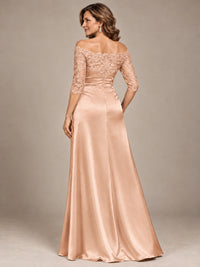 Satin Mother of the Bride Dress with Lace Sleeves Off Shoulder Formal Gown