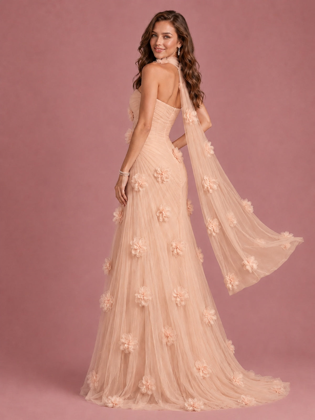 Blush Pink Strapless Sweetheart 3D Floral Tulle Mermaid Prom Dress