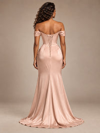 Burgundy Off-the-Shoulder Satin Corset Prom Dress with Slit